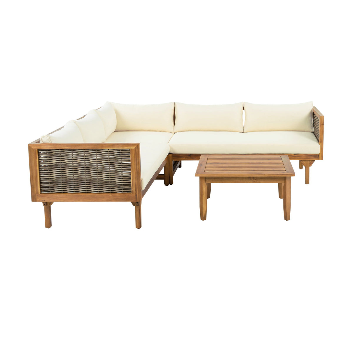 Premium Outdoor Sofa Set With Waterproof Cushions Sectional Seating Group With Acacia Wood And Wicker - Brown Mix / Beige
