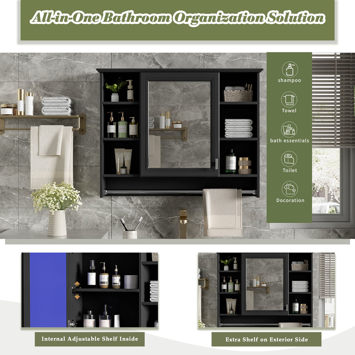 Modern Wall Mounted Mirror Cabinet With Adjustable Shelf, Soft Close Door, And Towel Bar
