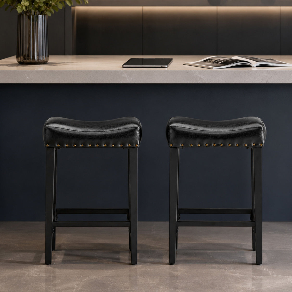 Bar Stool With Brass Nailhead Trim (Set of 2) - Black