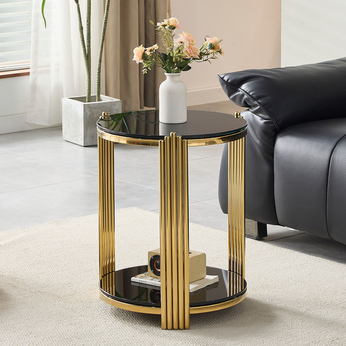 Round End Table With Double Layer - Black / Gold