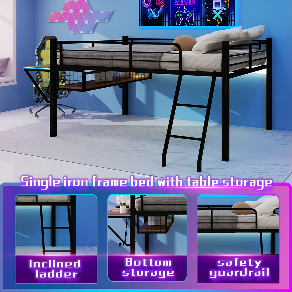 Loft Bed With Built In Desk, LED Light Strip