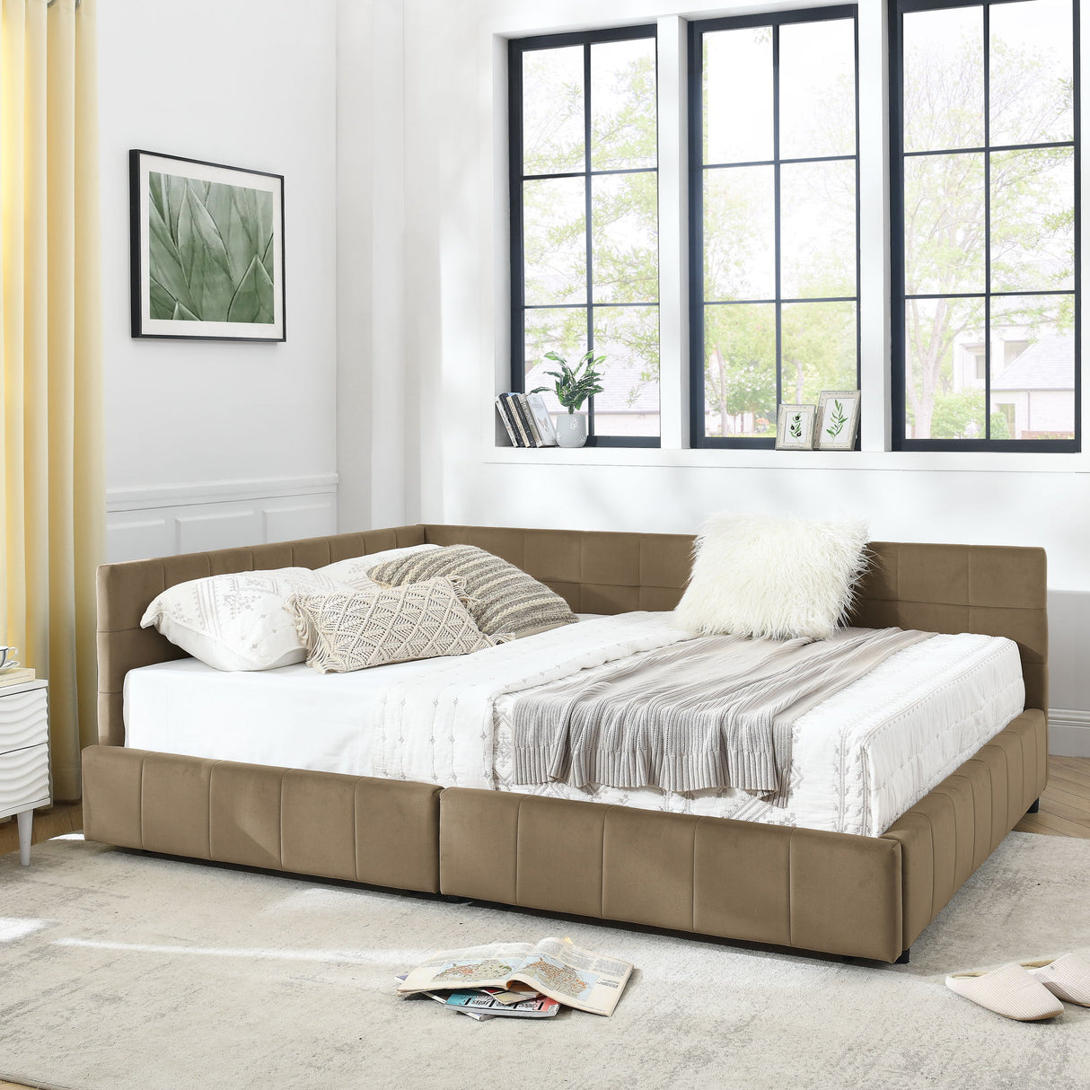 Storage Upholstered Tufted Bed Frame With Backrest And Armrests