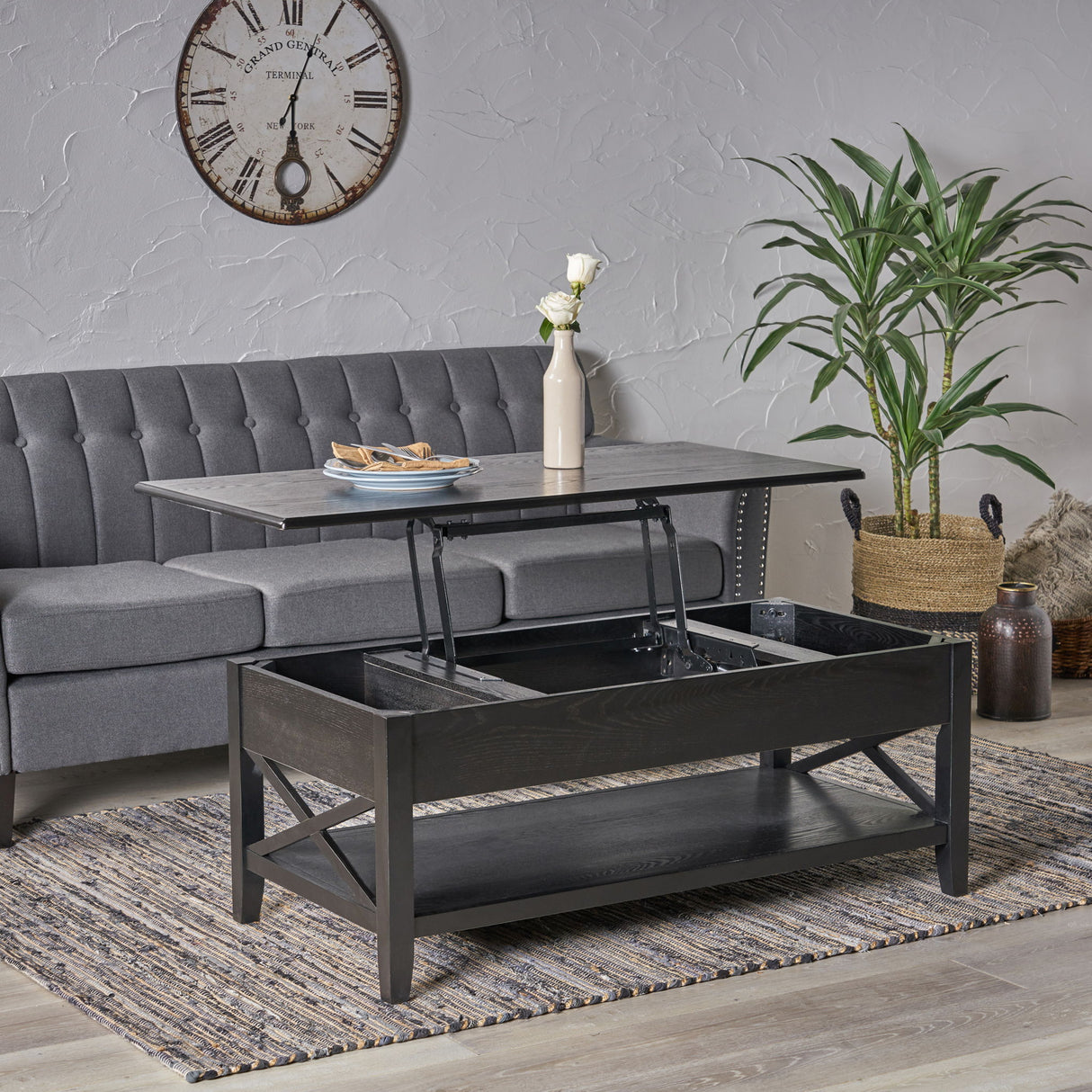 Decatur - Farmhouse Lift Top Coffee Table With Storage - Black / Ash