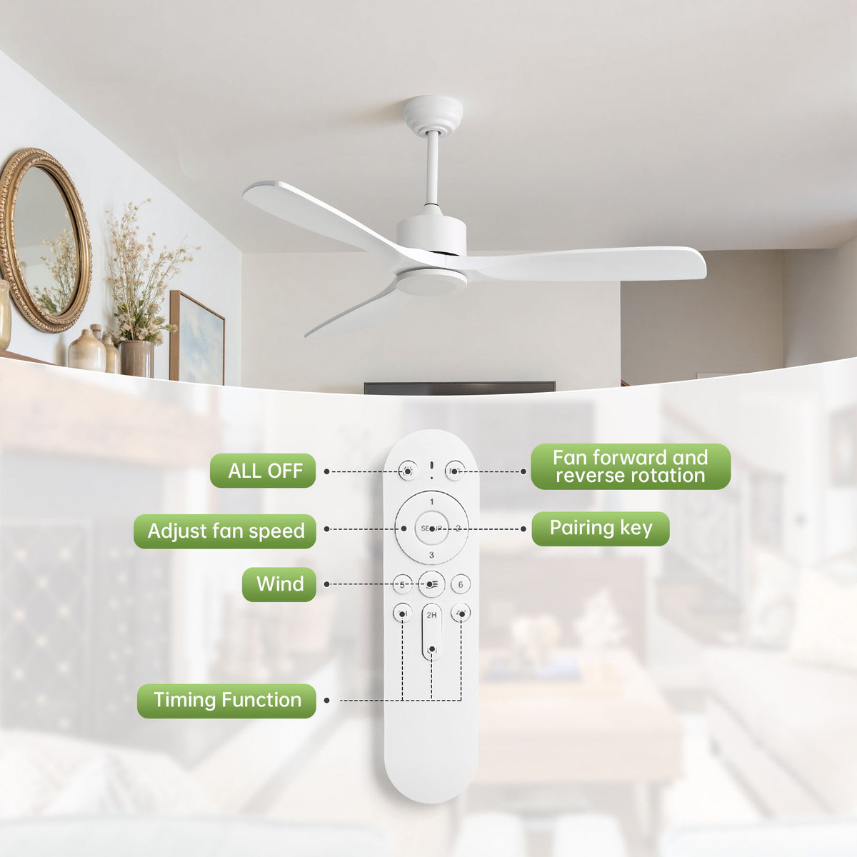 42" Ceiling Fan With DC Reversible Motor, 3 Blades, Timer Function