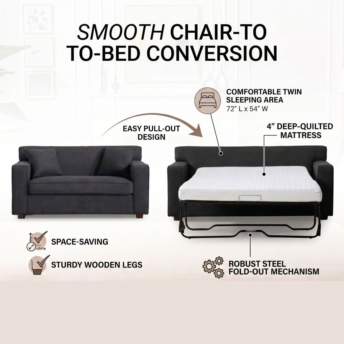 2 In 1 Lounge Chair With 4" Mattress & 2 Throw Pillows - Gray