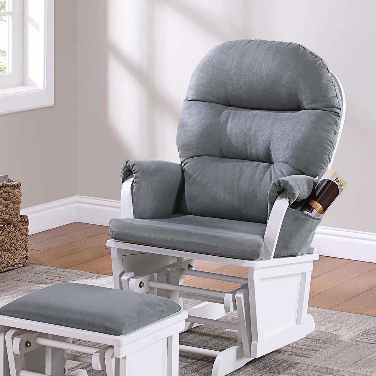 Glider Chair With Ottoman, Gliding Motion Chair Plush Cushion Seat Side Pocket - Dark Gray
