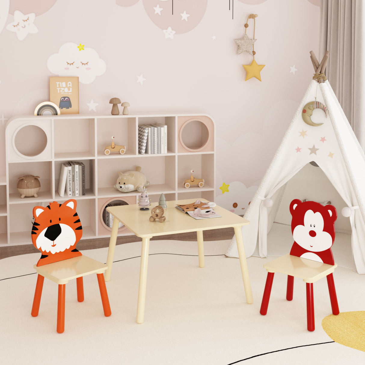 Table And 2 Chairs Set, Activity Play Table Set With Bear & Tiger Design - Natural