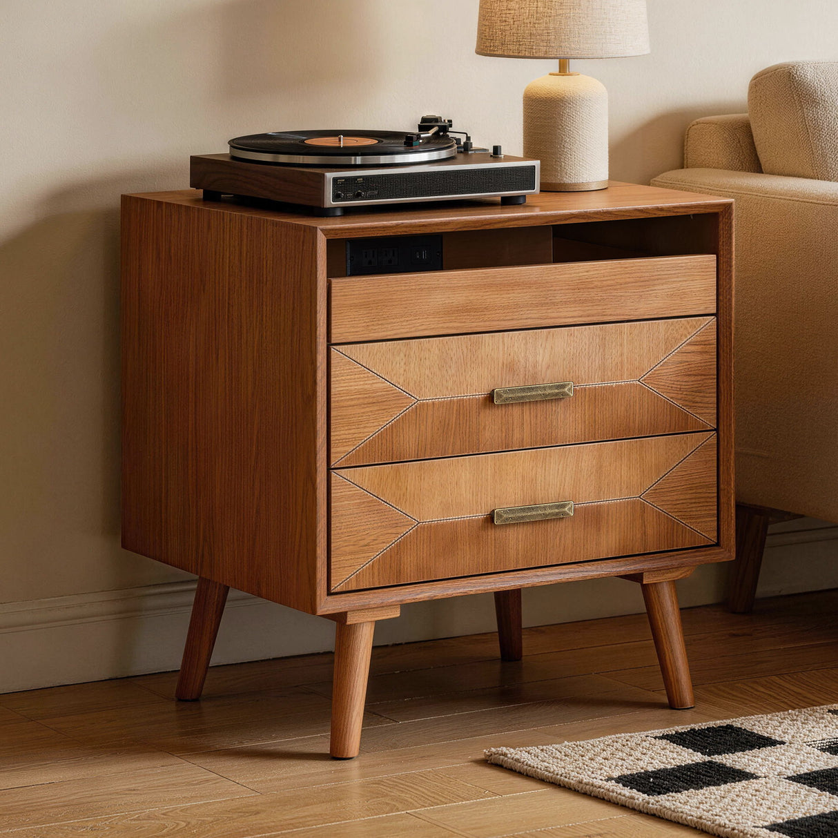 Nightstand With Charging Station, 2 Drawers And Open Shelf, USB / Type C Ports