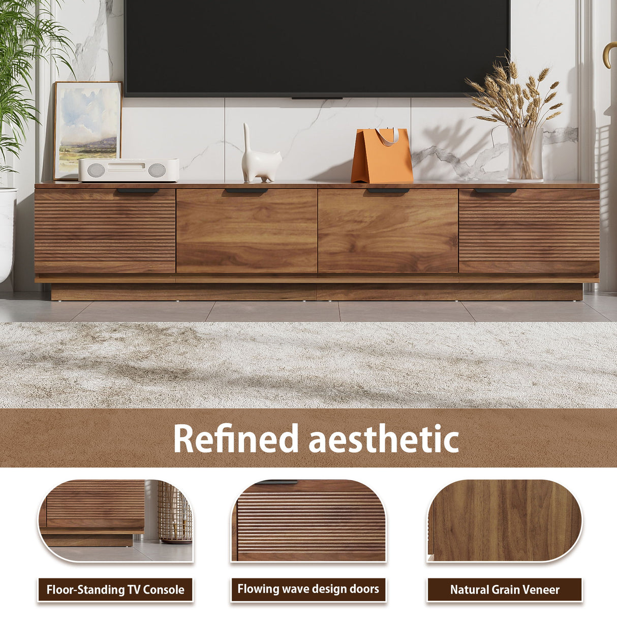 TV Stand, Entertainment Center & Fluted Door & Cable Management, Soft Closing Hinges - Walnut