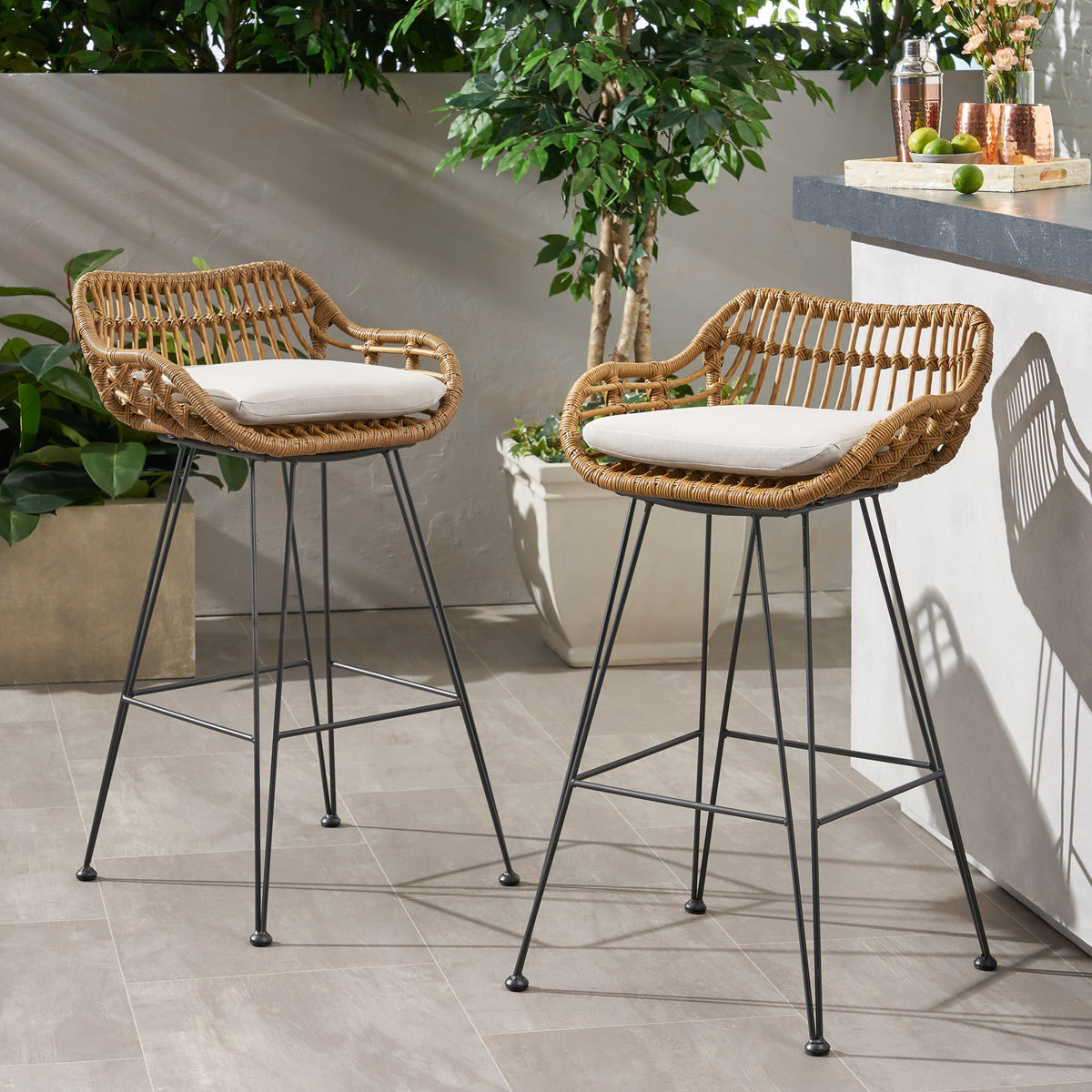 Outdoor Rattan Bar Chair With Metal Legs - Brown