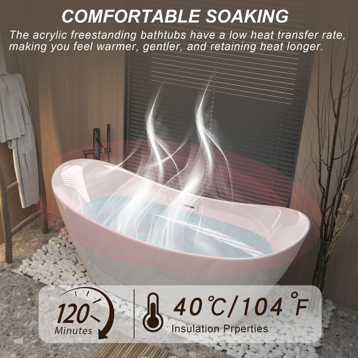 Freestanding Tub With Overflow And Pop Up Drain, Ergonomic Design