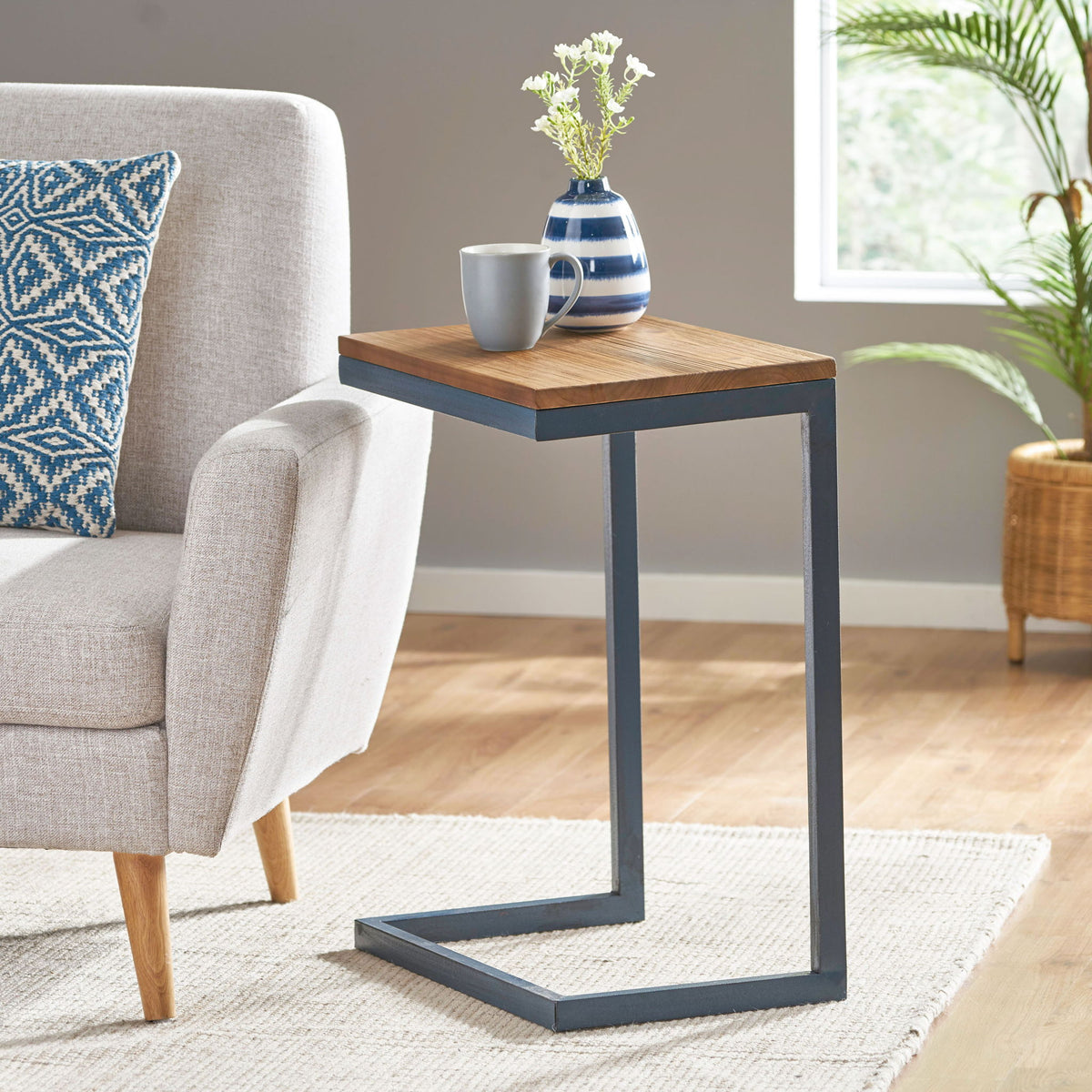 Large C Shaped End Table With Iron Base And Fir Wood Top - Black