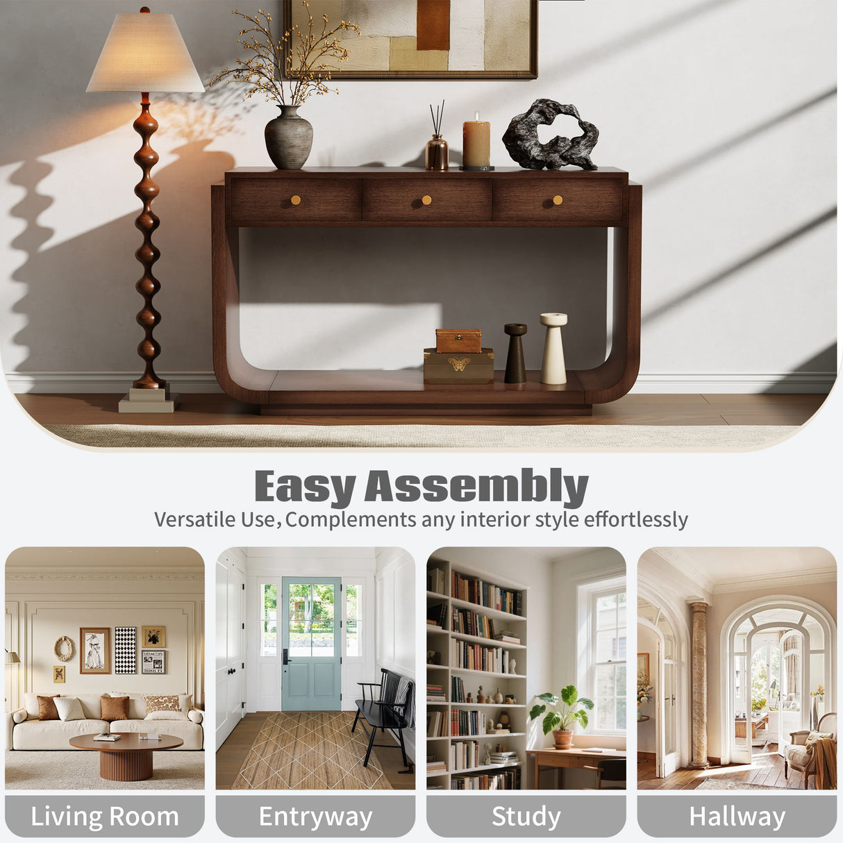 Console Table With 3 Drawers, Display Shelf, Curved Legs - Walnut