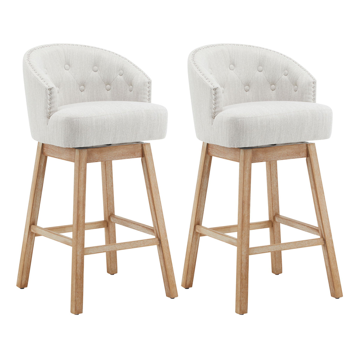 Swivel Counter Stools (Set of 2), Upholstered Counter Height Bar Stools With Solid Rubber Wood Frame, Backrest, Footrest, Armless Barstools For Home Bar, Kitchen Counter - Natural / Beige