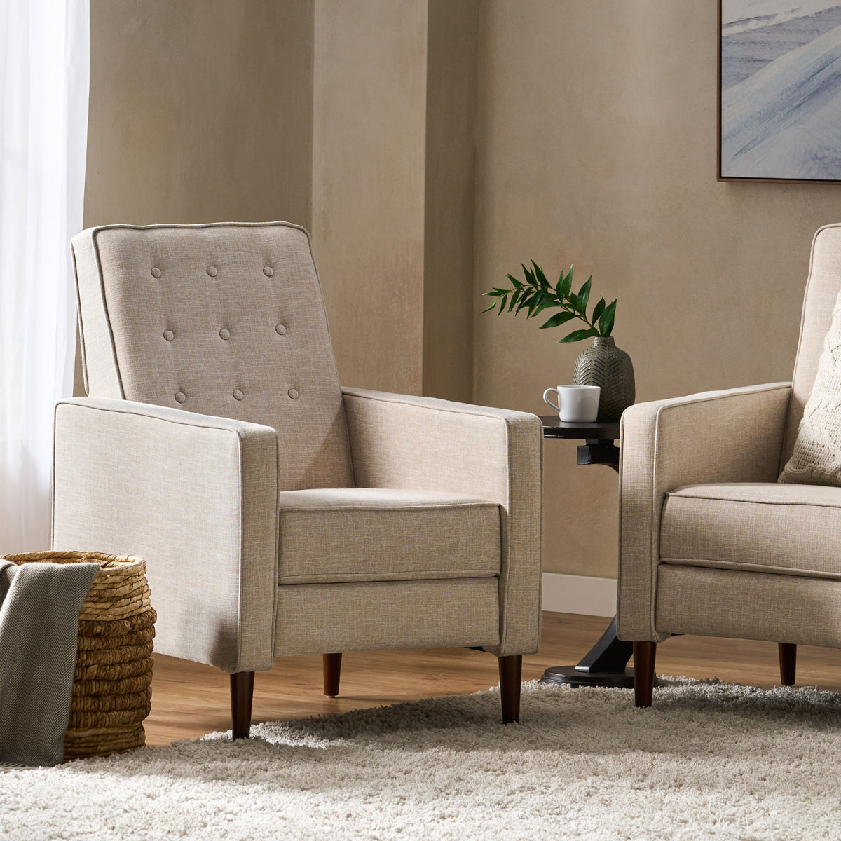 Mid-Century Modern Recliner With Button Tufted Waffle Stitch