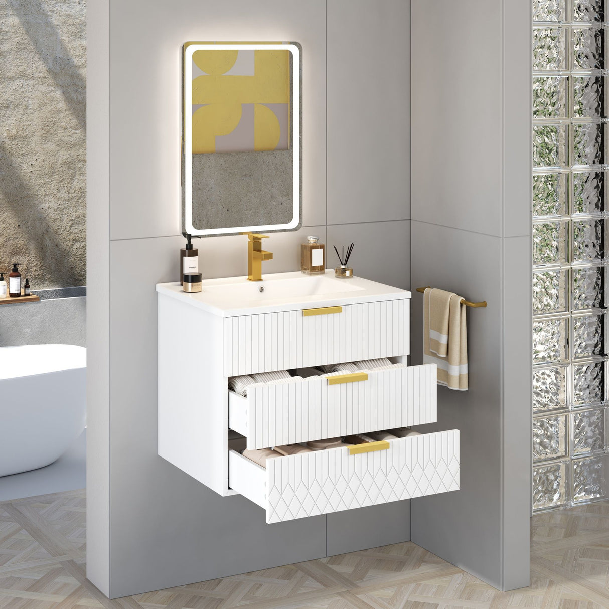 Wall Mounted Floating Cabinet With Double Drawer, Rectangular Sink
