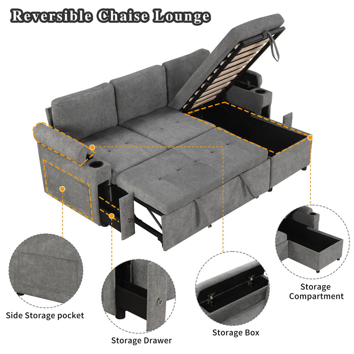 Convertible L Shaped Sofa Couch With Storage, Cup Holders, USB Ports