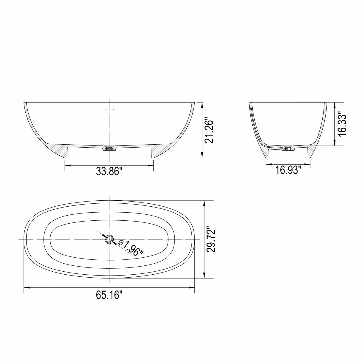65.2" Freestanding Solid Surface Soaking Bathtub For Bathroom - Matte White