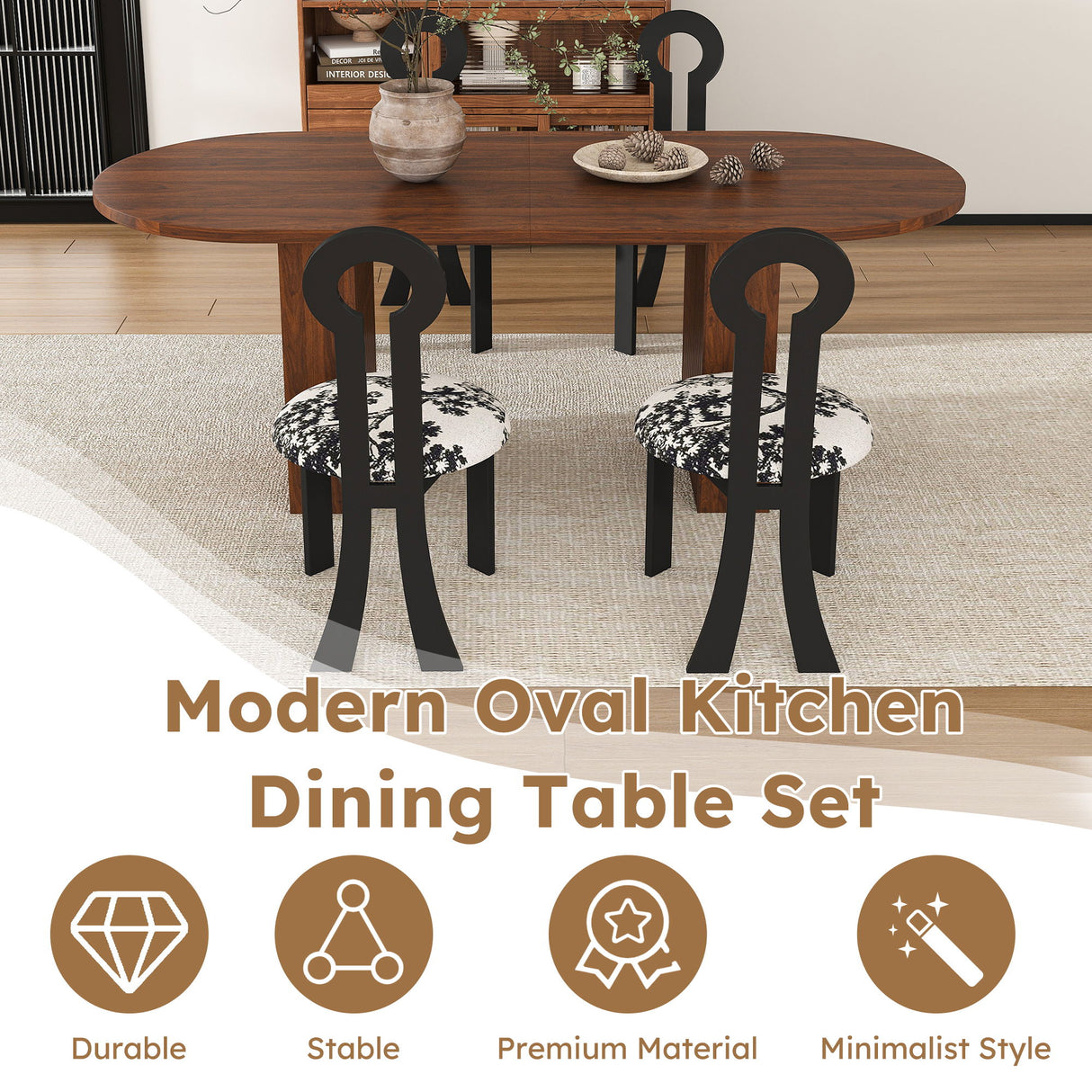 Oval Dining Table For 6 With 4 Upholstered Chairs - Walnut / Black