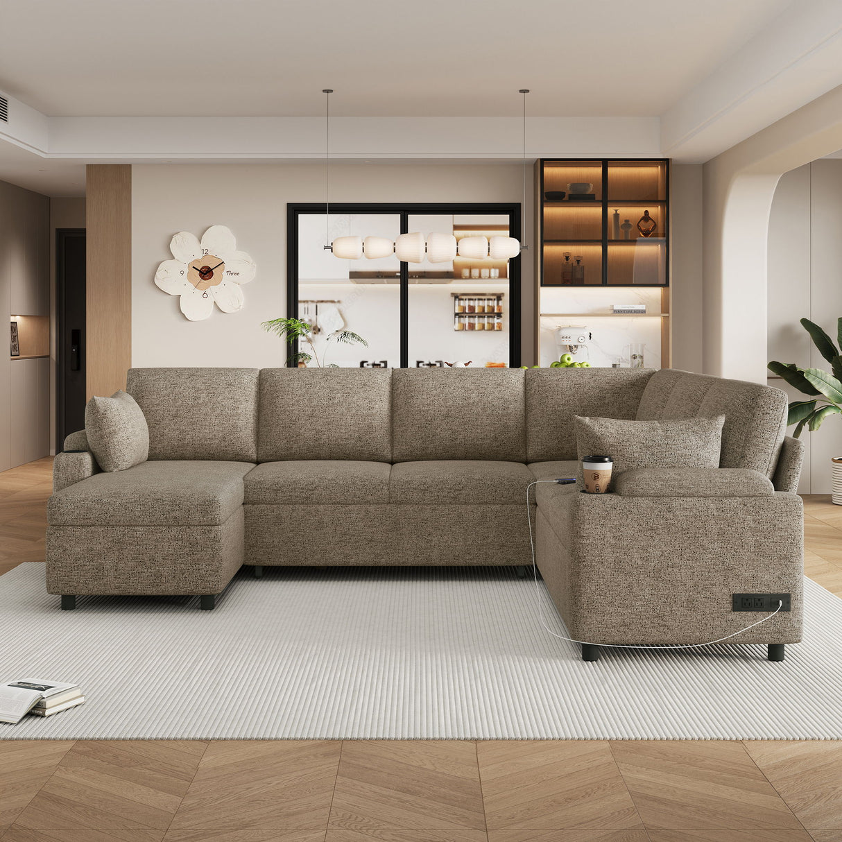 U-Shaped Sectional Sofa Bed With Storage, Charging Ports, And Cup Holders - Brown