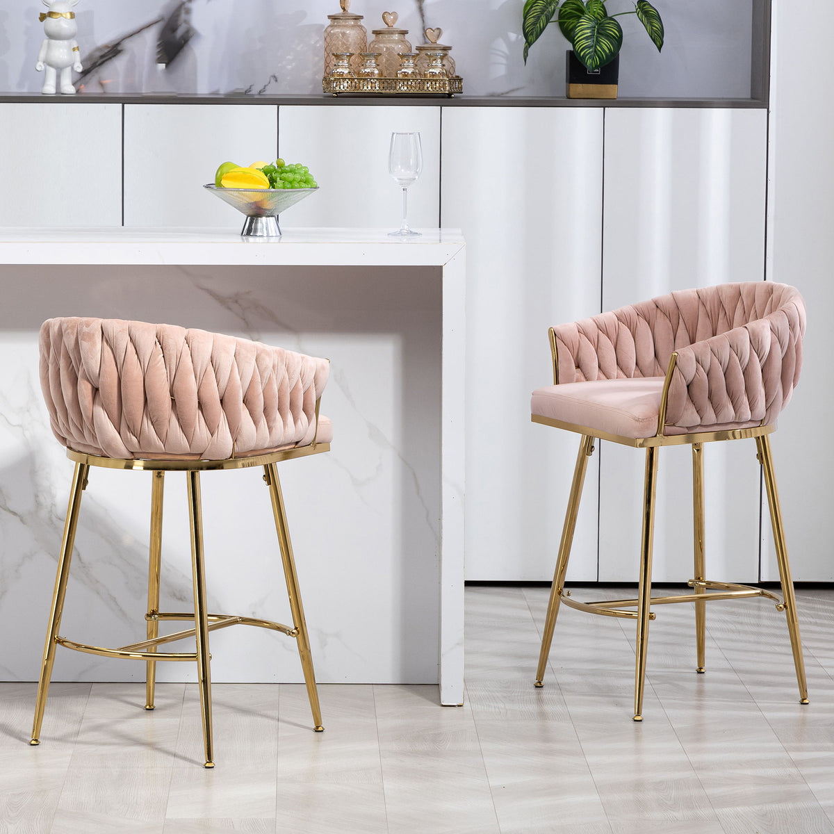 Counter Height Bar Stools Kitchen Island Counter Bar Stool With Hand - Wave Back, Golden Chromed Base And Footrest (Set of 2) - Pink