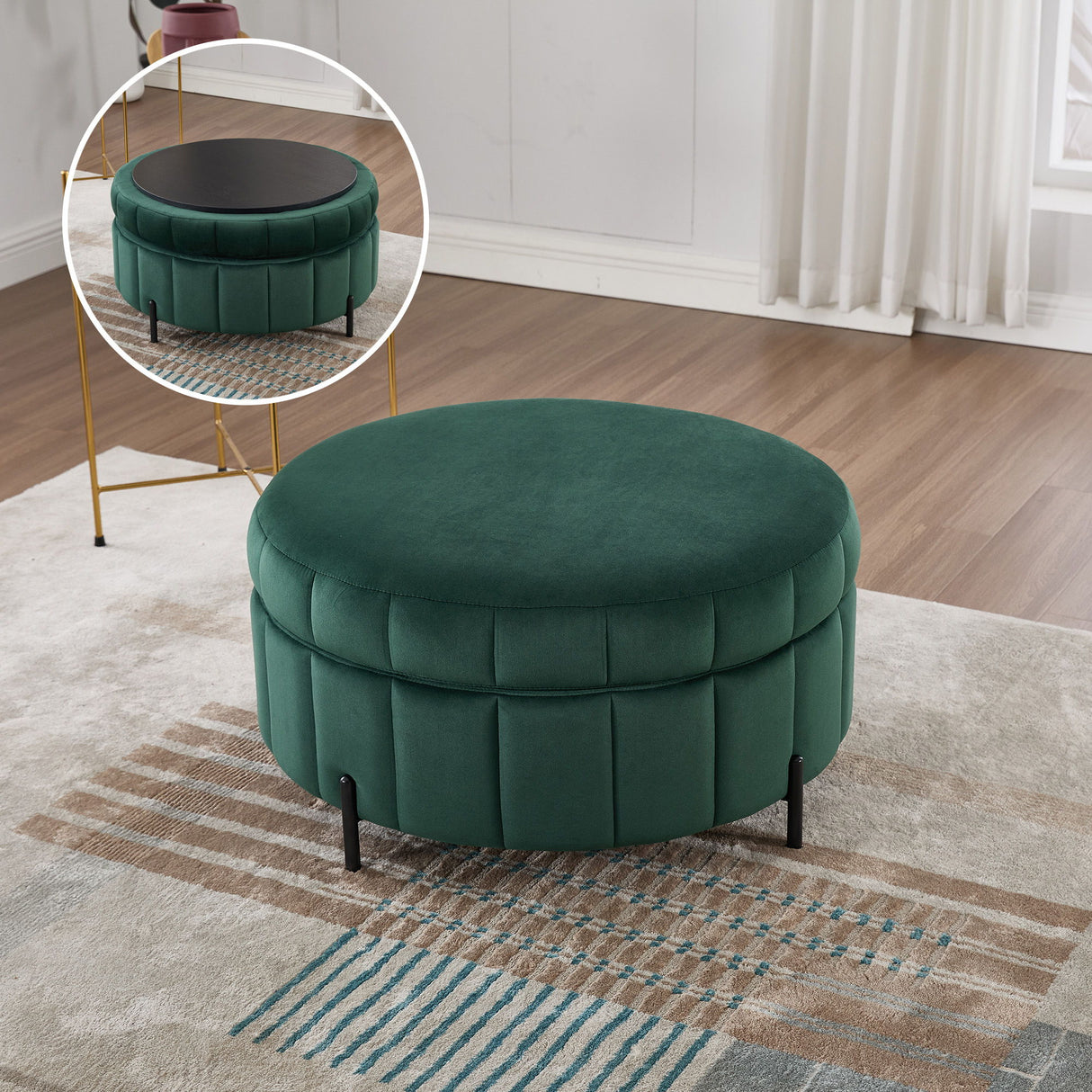 Upholstered Round Ottoman With Reversible Lid, Channel Tufted Pumpkin Shape