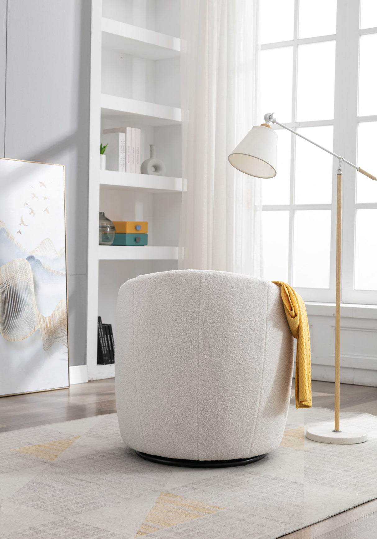 Teddy Fabric Swivel Accent Armchair Barrel Chair With Powder Coating Metal Ring - Ivory White