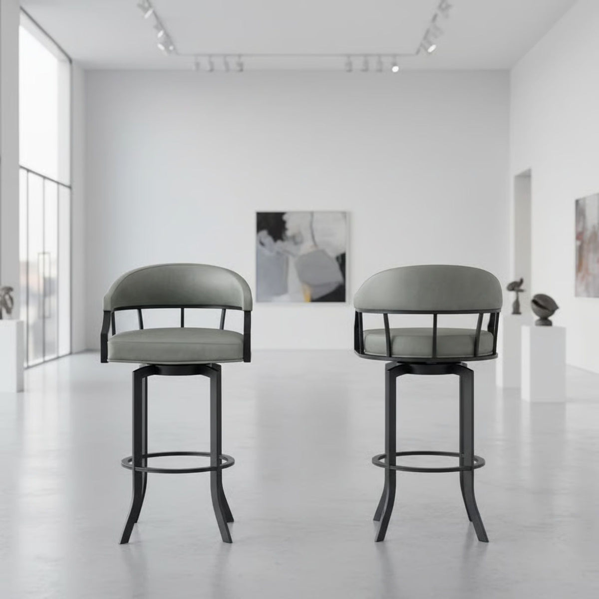 Edy - Swivel 30" Black Finish And Faux Leather Bar Stool - Gray