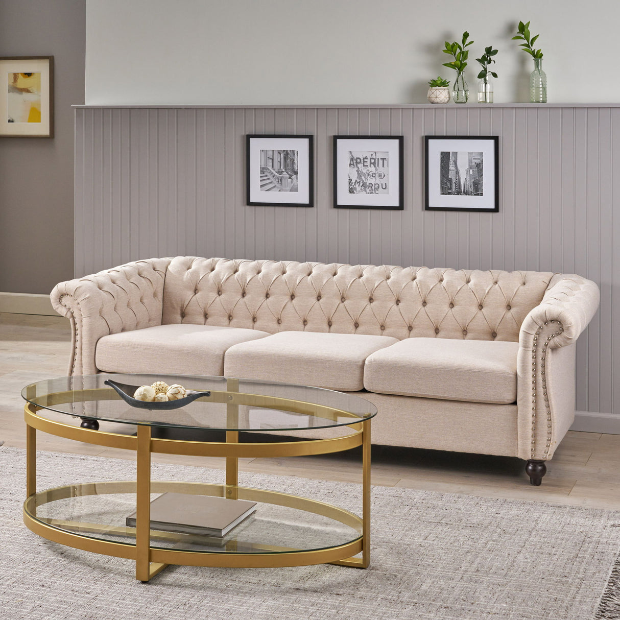 Chesterfield Style 3 Seater Sofa With Deep Button Tufting - Beige