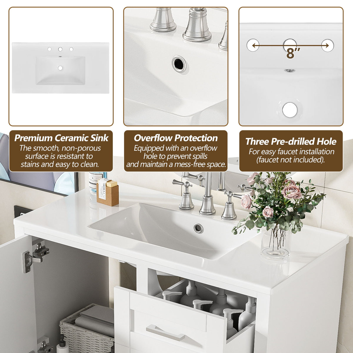 Bathroom Vanity, Modern Bathroom Cabinet With Sink Combo Set, Bathroom Storage Cabinet With A Soft Closing Door And 3 Drawers, Solid Wood Frame