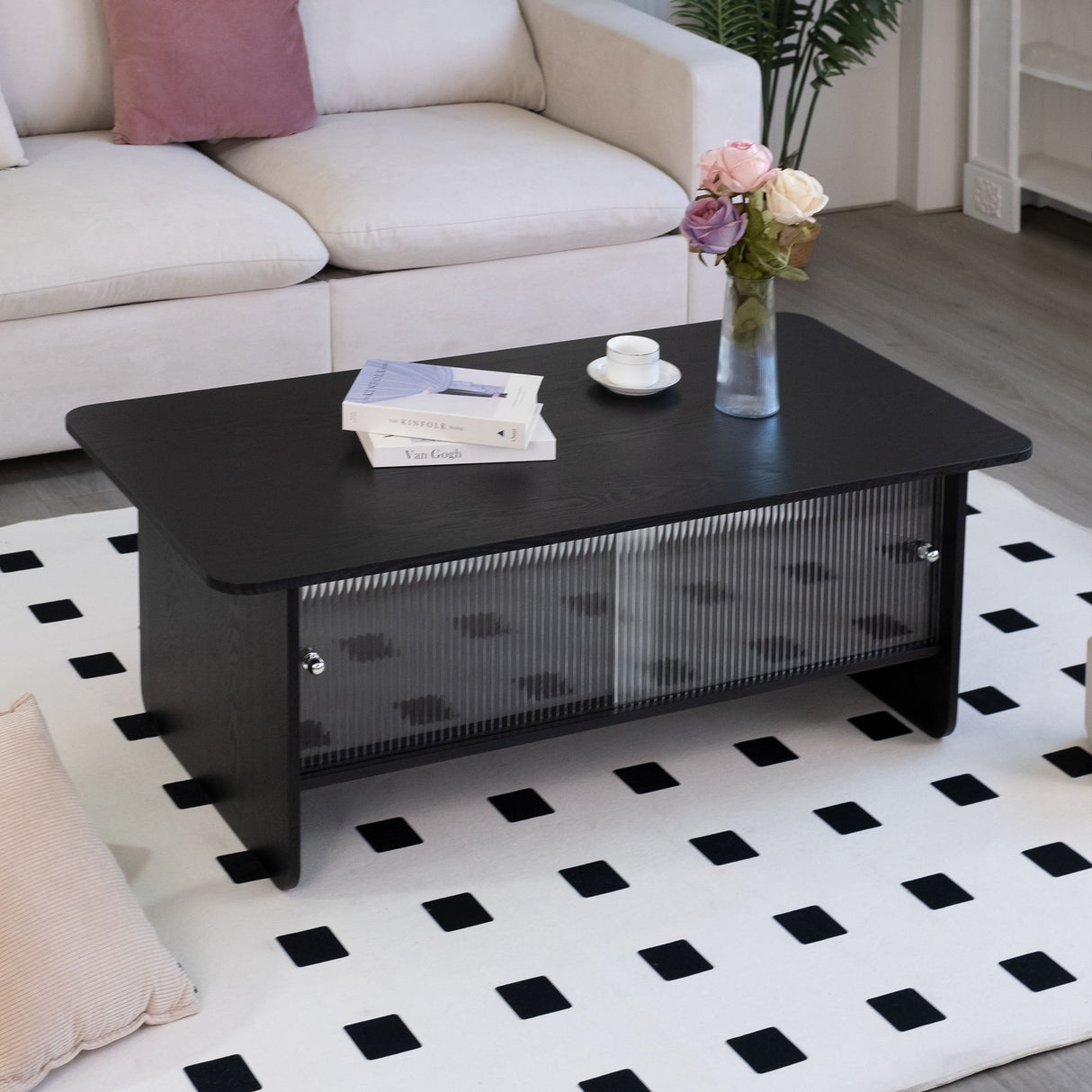 Rectangular Coffee Table With Sliding Door Storage Center