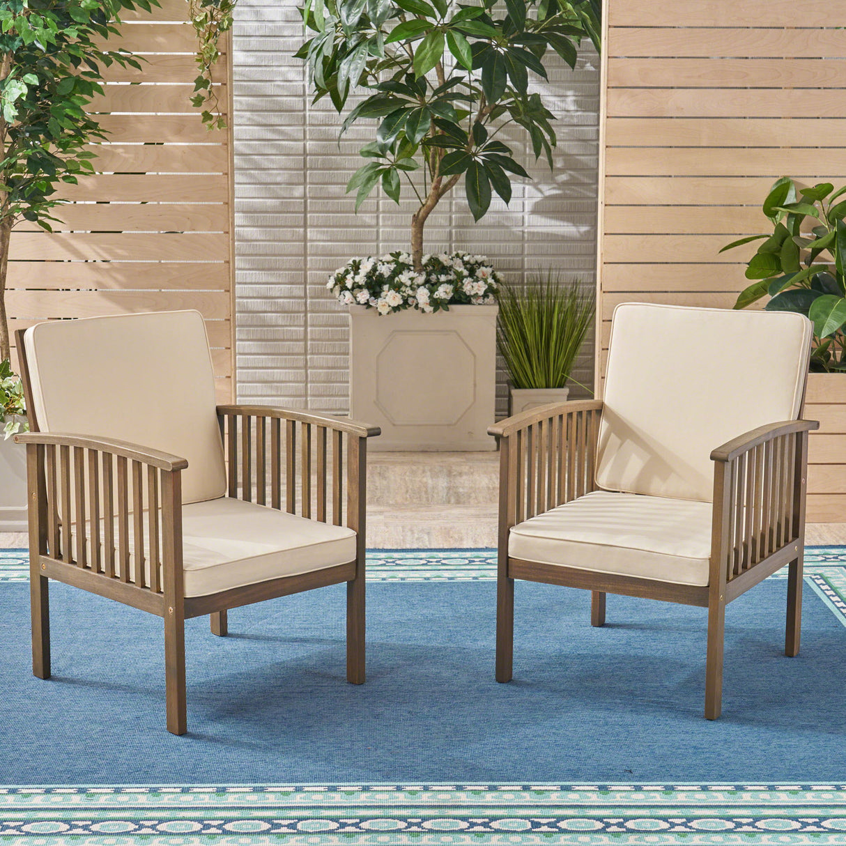 Casa Acacia Wood Club Chairs (Set of 2) With Water Resistant Cushions - Gray / Cream