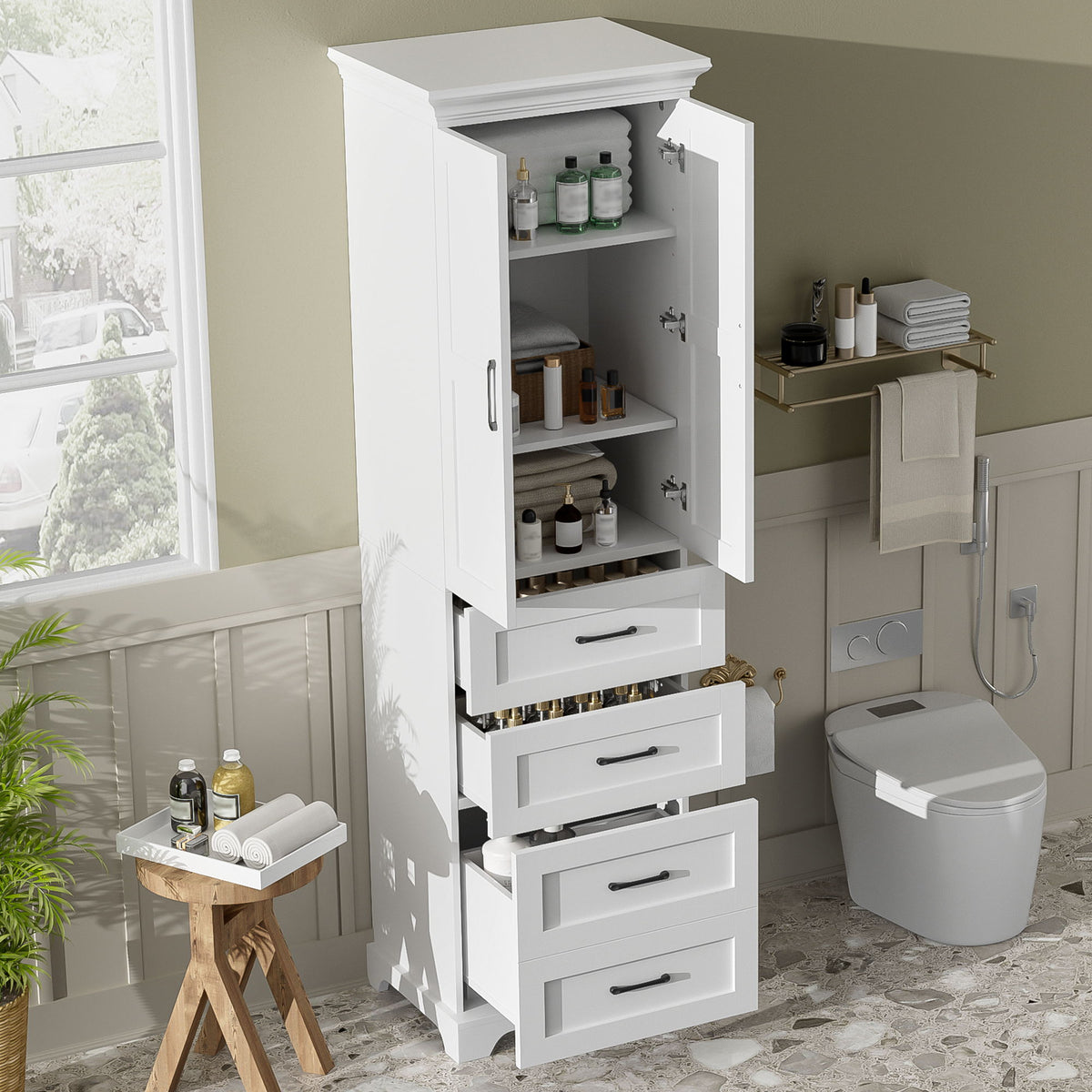 Bathroom Vanity With 2 Damping Hinge Doors, 3 Drawers, Adjustable Shelves - White
