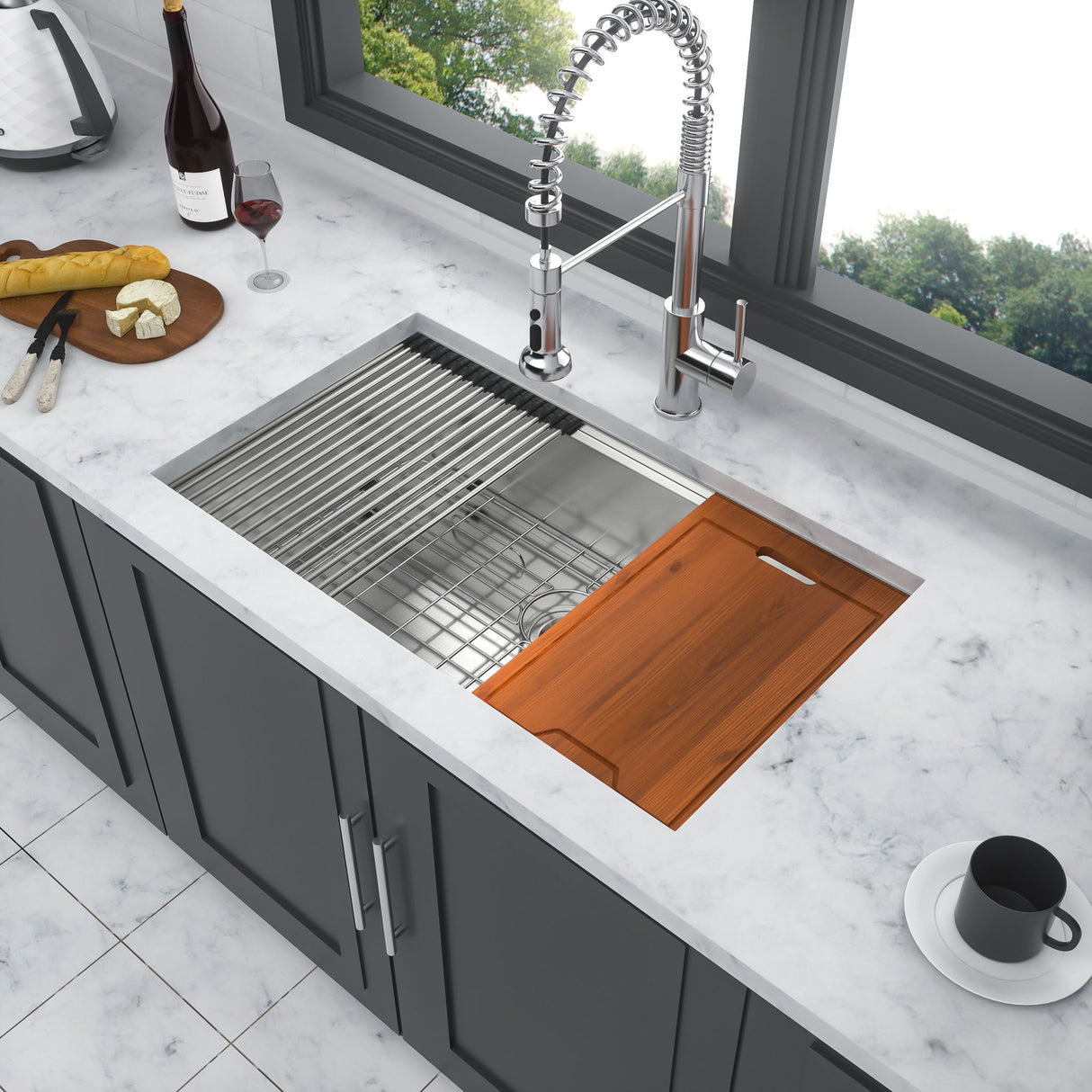 30" Undermount Kitchen Sink 16 Gauge Ledge Workstation - Brushed Nickel