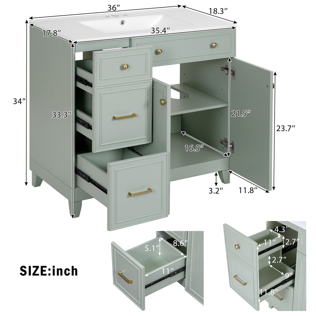 Bathroom Vanity With Sink, Soft Close Doors, Adjustable Shelves
