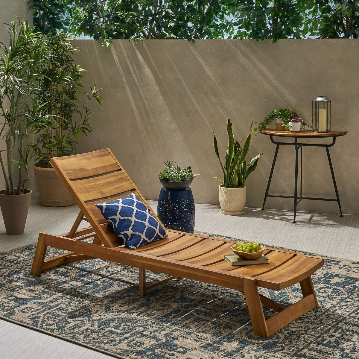 Outdoor Chaise Lounge With Adjustable Seating And Slat Panel - Yellow Brown