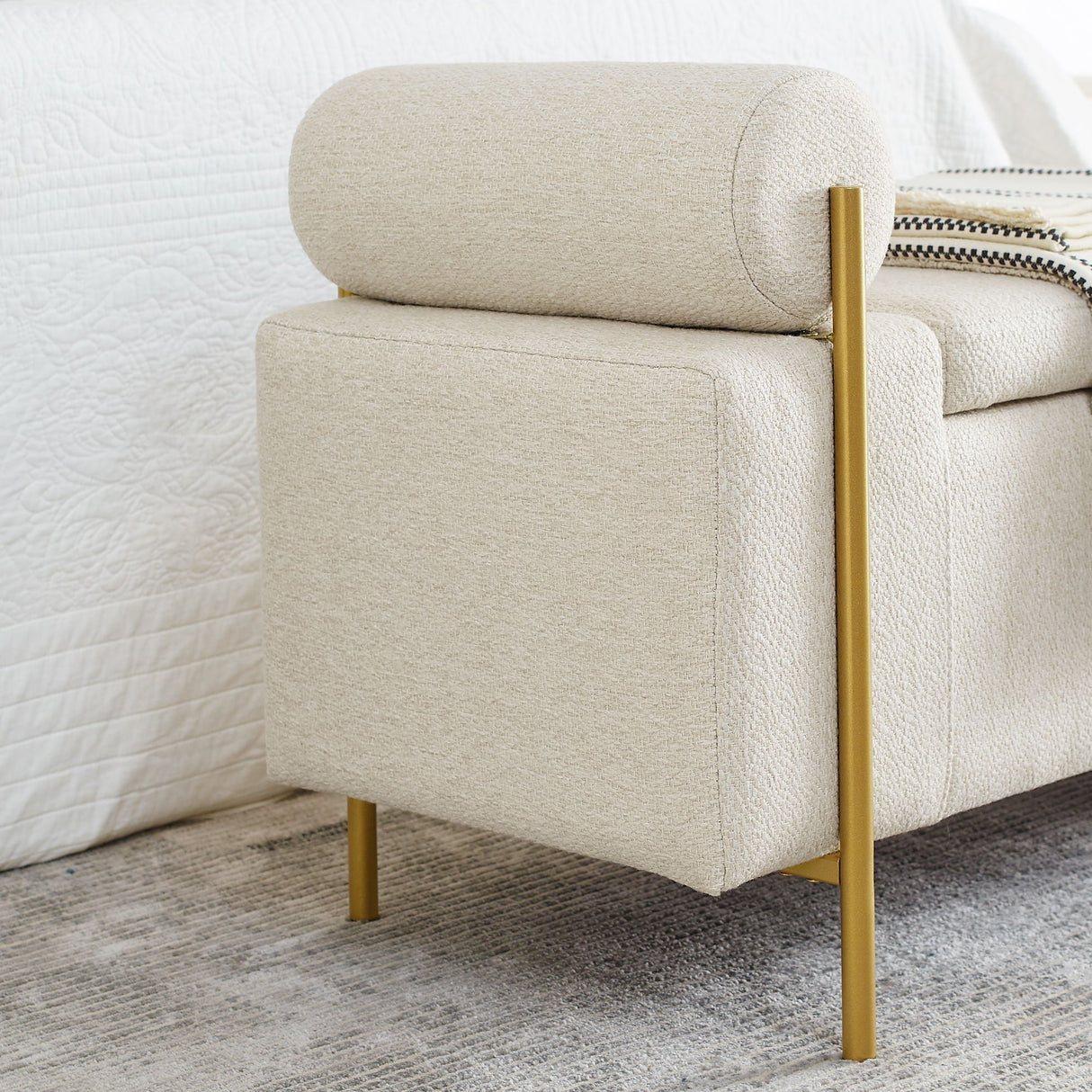 Elegant Upholstered Storage Bench With Cylindrical Arms And Iron Legs,