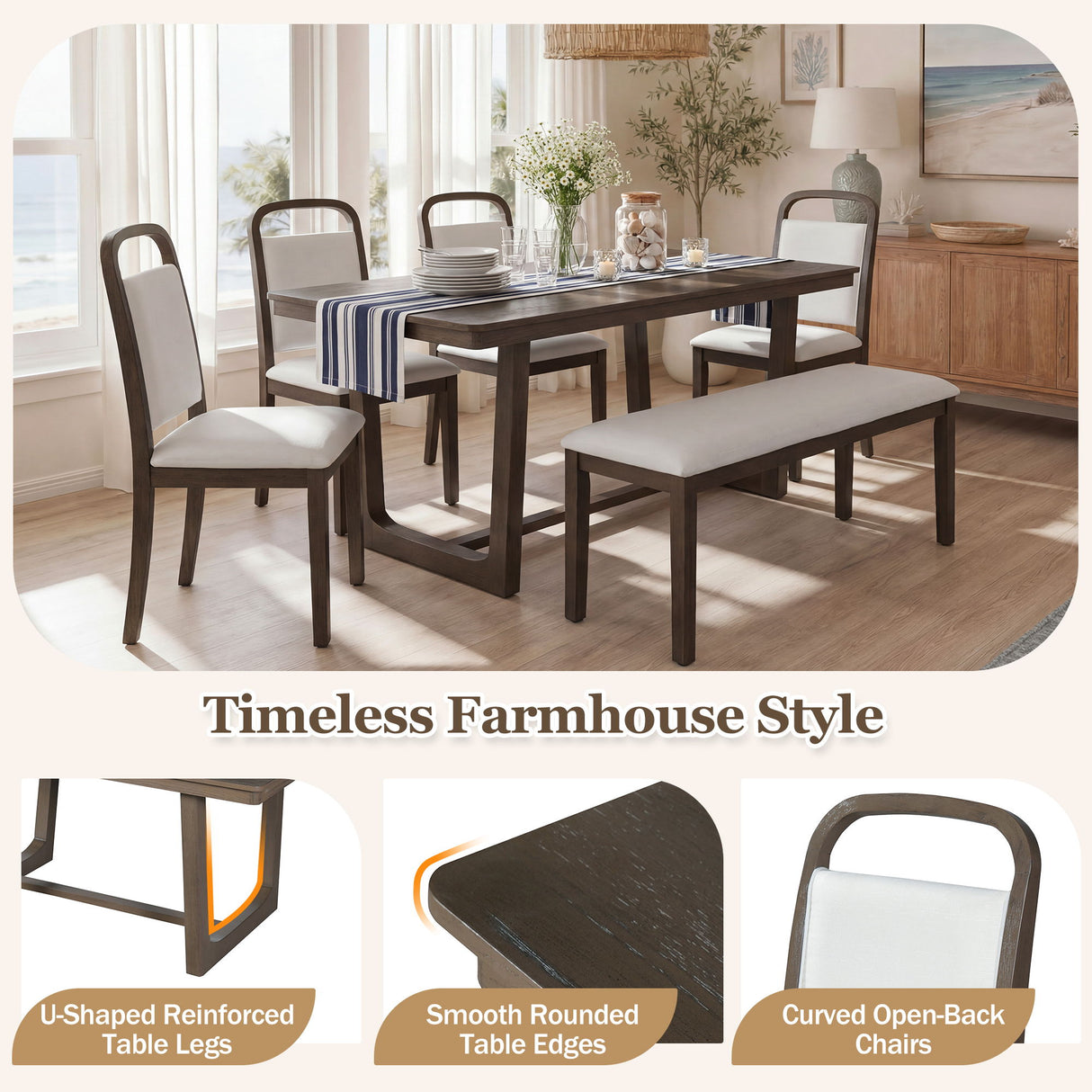 Farmhouse Dining Set With 4 Upholstered Chairs & 1 Bench