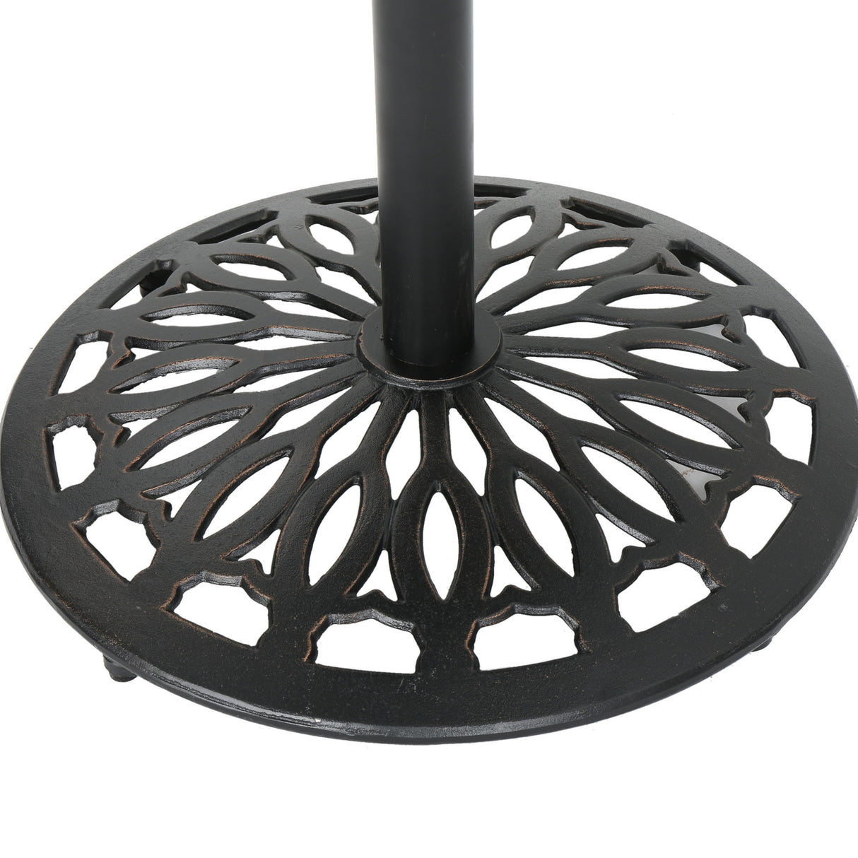 Elegant Cast Aluminum Round Bar Table With Romantic Filigree Design - Copper