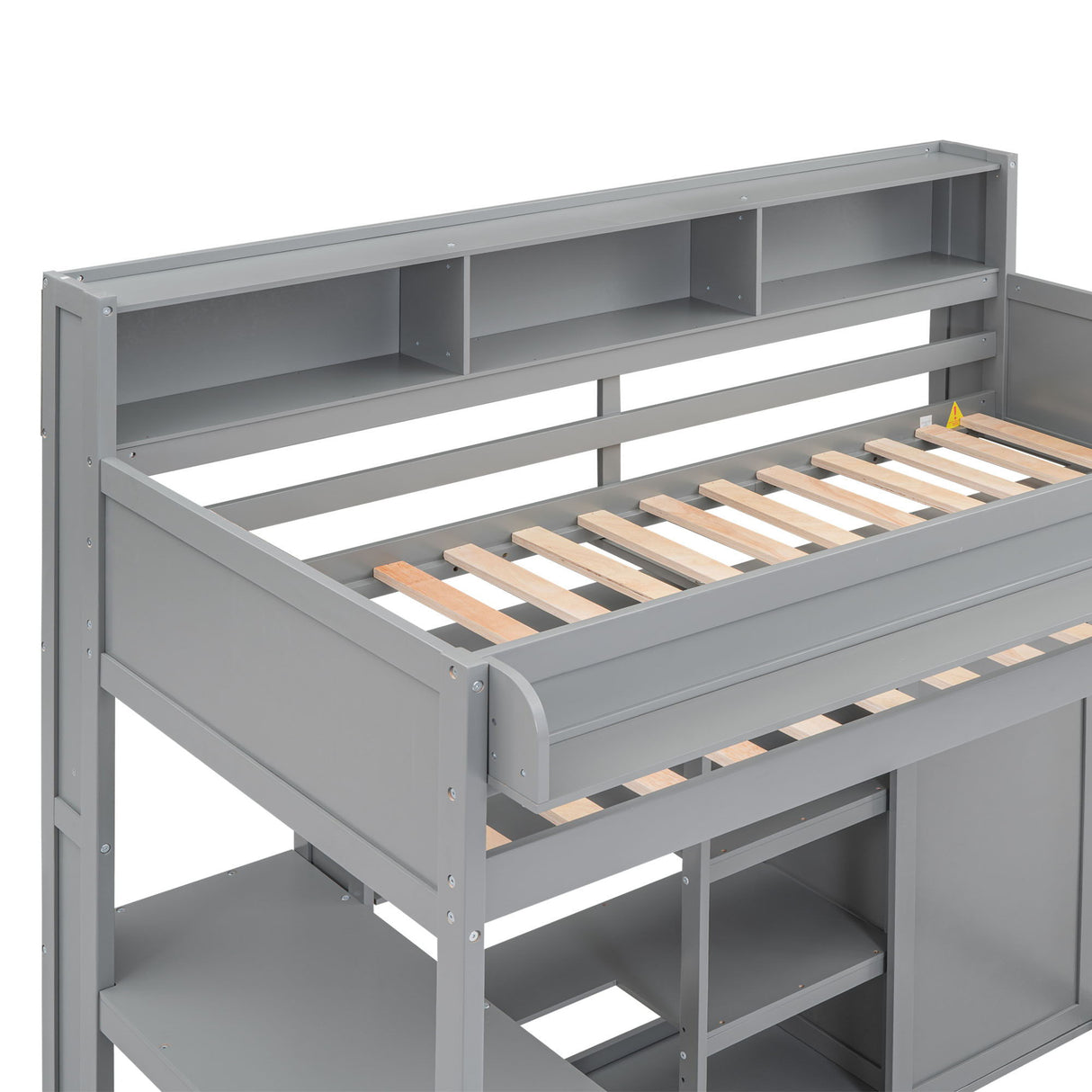 Loft Bed With Built In Desk, Storage Shelves, And Wardrobe