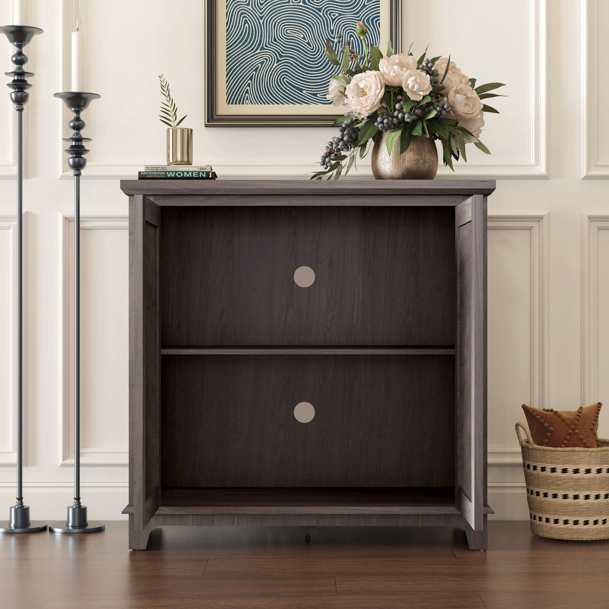 Elegant Sideboard With 2 Acrylic Mirrored Doors, Adjustable Shelf Storage
