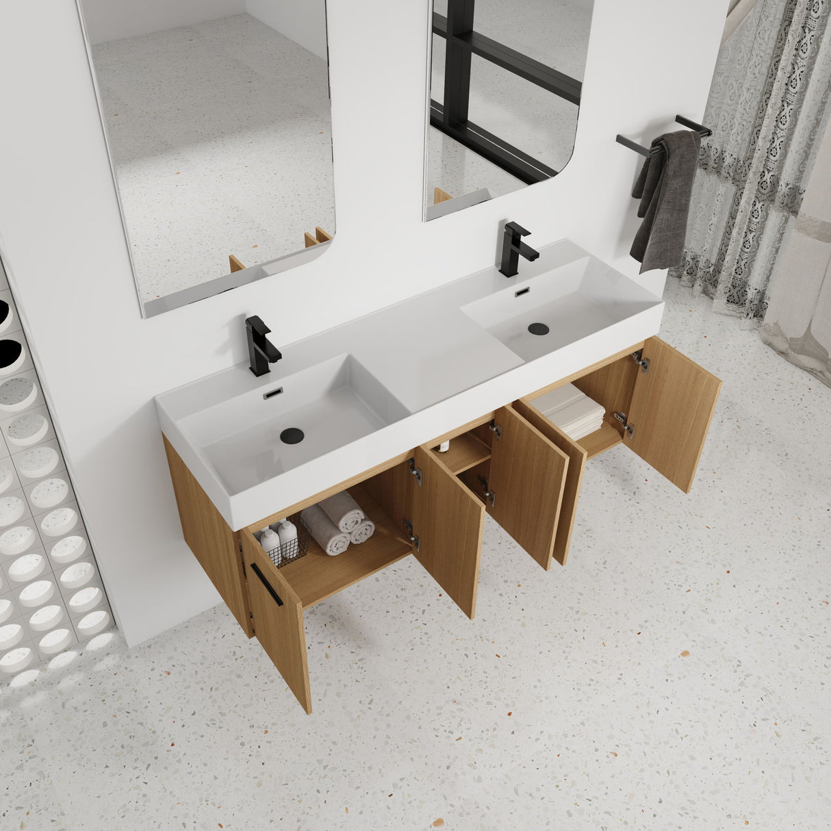 Floating Double Sink Bathroom Vanity With Extra Large Storage, Integrated Sink, Soft Close Doors, Wall Mounted Bath Vanity - Glossy White / Light Oak