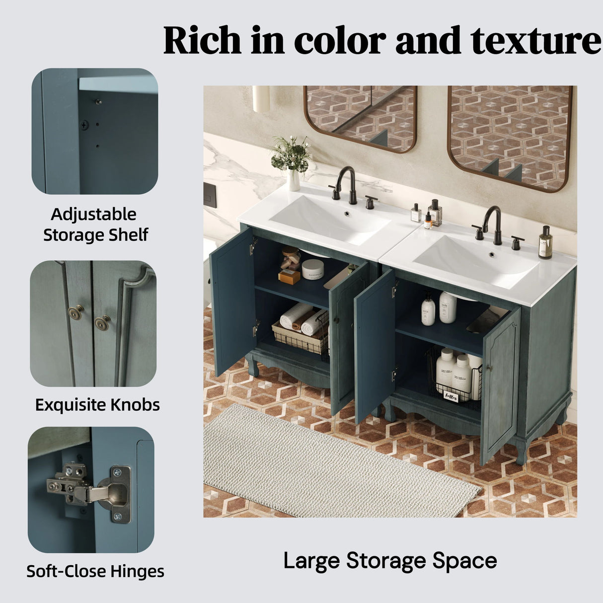 Double Sinks Bathroom Vanity Set, Vintage Bathroom Cabinet With 2 Separate Sinks - Antique Blue Green / Teal