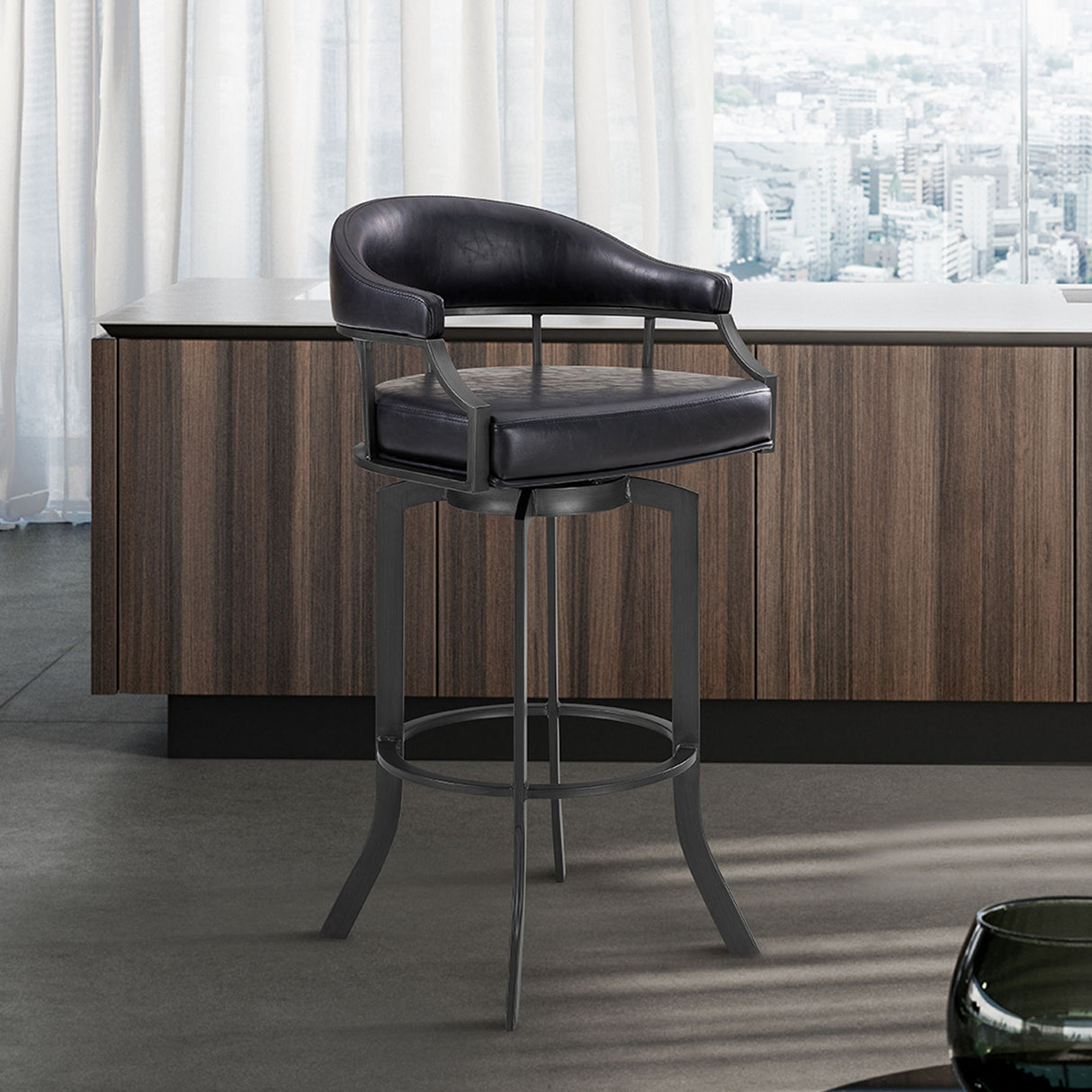 Edy - Swivel 30" Mineral Finish And Black Faux Leather Bar Stool