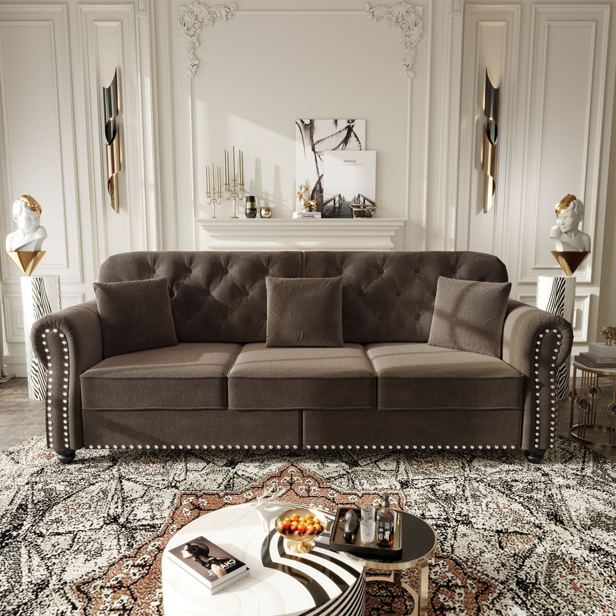 Upholstered Sofa Set With Nailhead Trim And Rolled Armrests, Includes Pillows