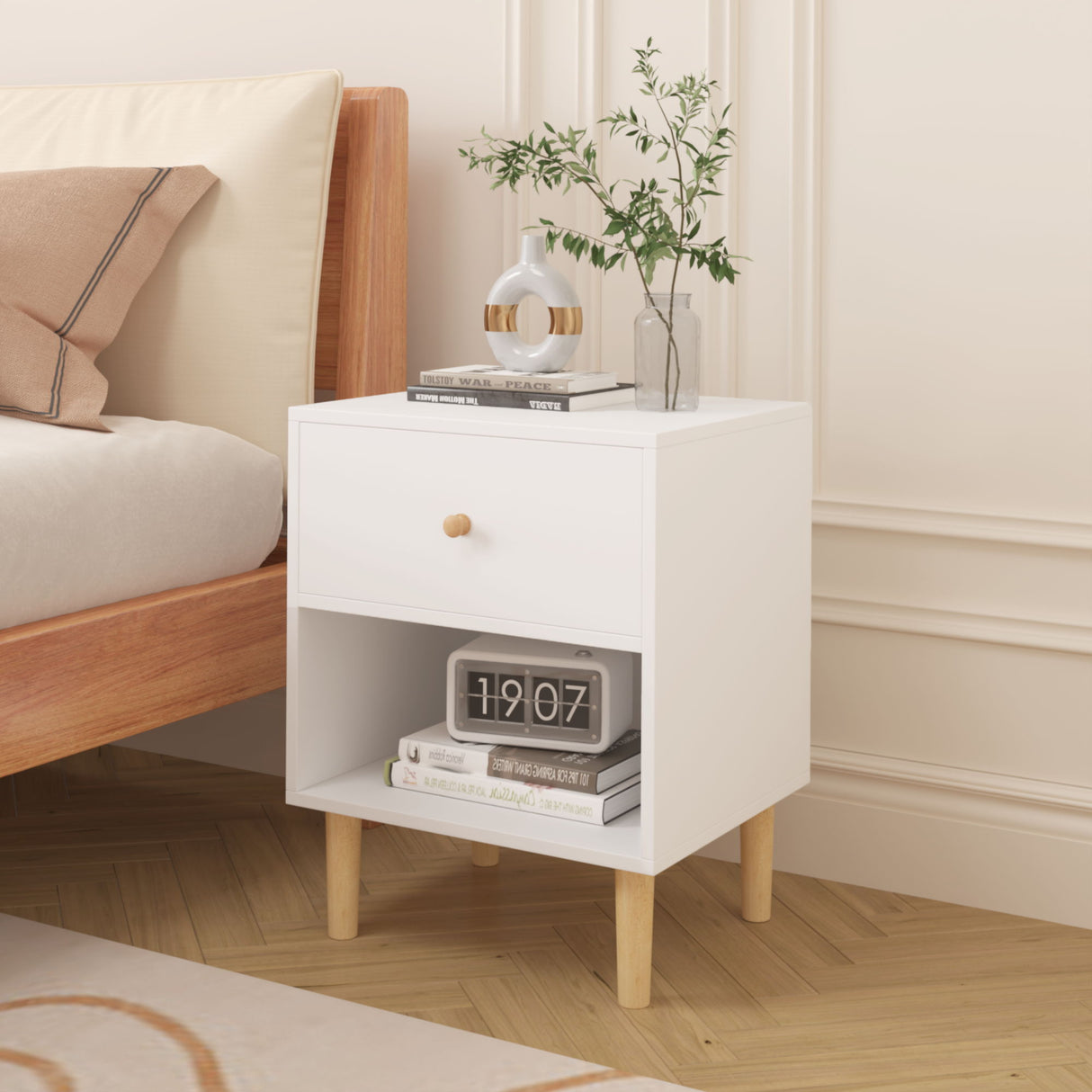 Nightstand With 1 Drawer And 1 Shelf - White