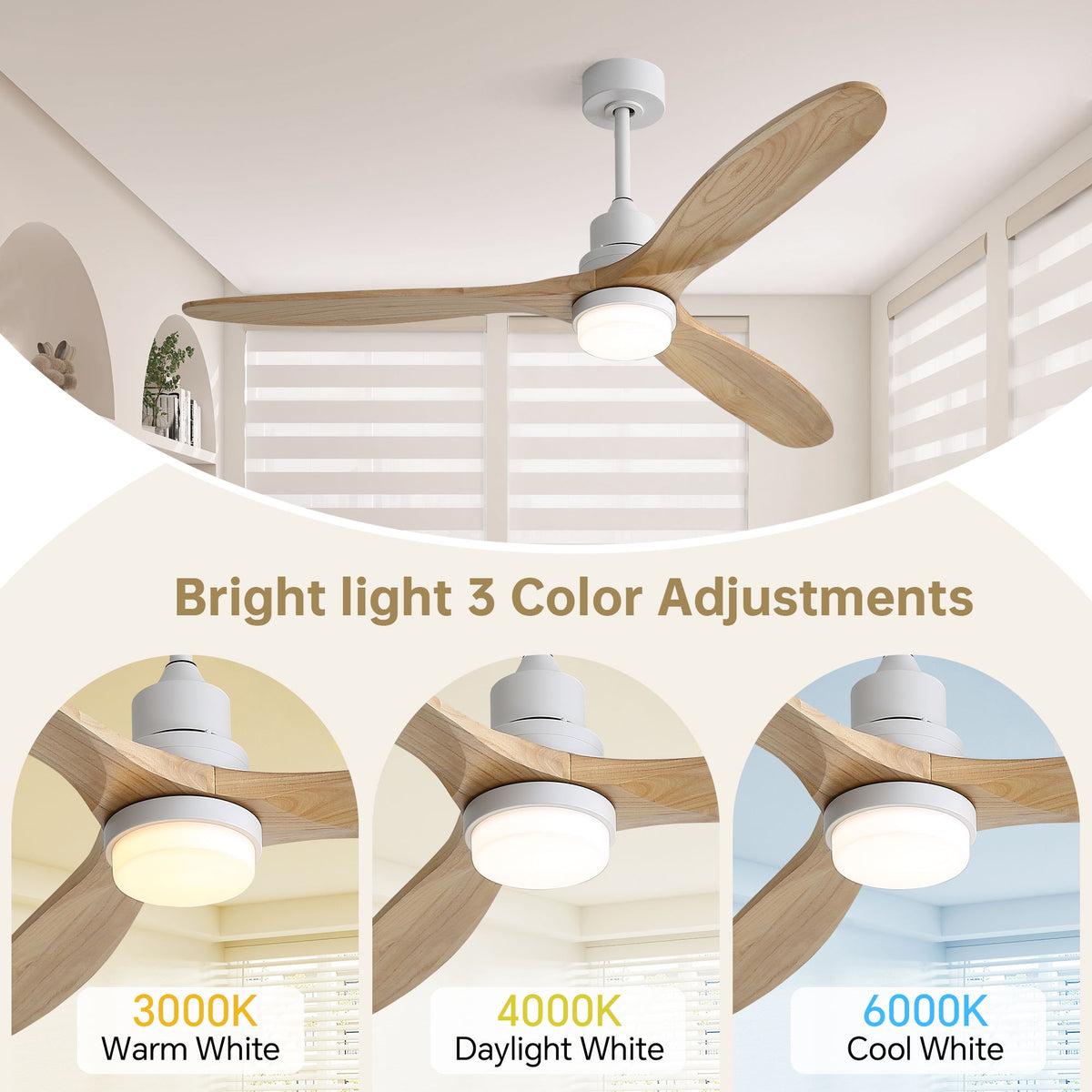 60" DC Motor Ceiling Fan With Light, 3 Blades, 18W LED 3 Color Dimmable With Memory, 6 Speed Lcd Remote Control, Reversible Motor, Timer Setting (1 / 4 / 8 H) - White