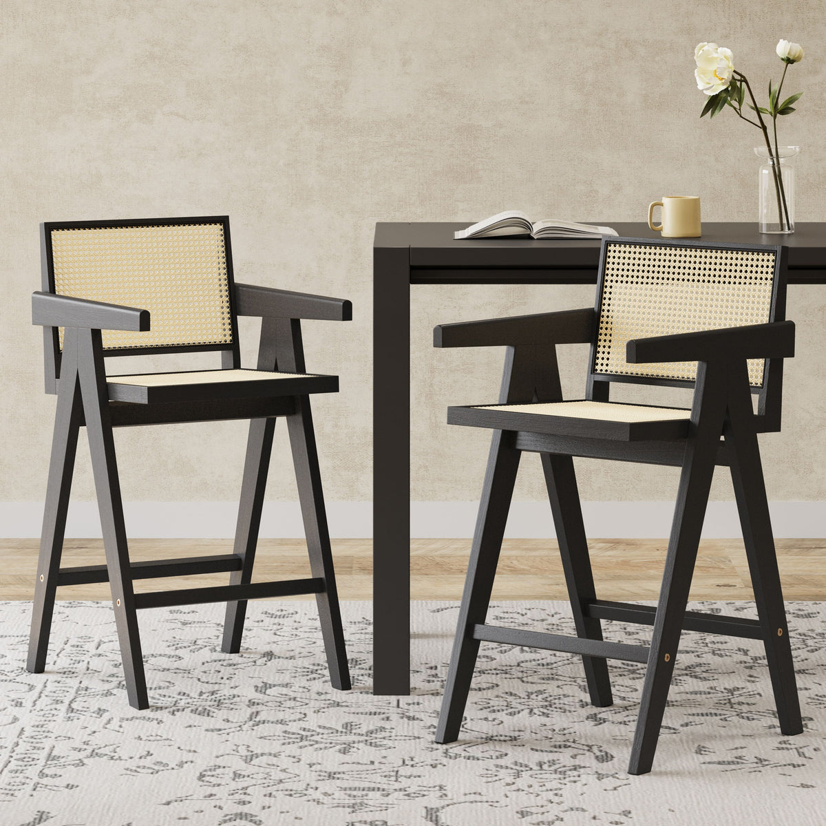 Modern Minimalist Bar Stool With Cane Seat - Black / Natural
