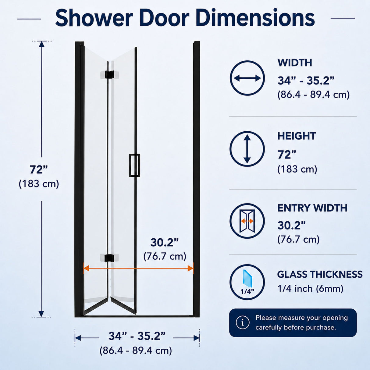 Semi Frameless Bifold Shower Door, Reversible Pivot Hinge, Space Saving Bathroom Panel - Matte Black