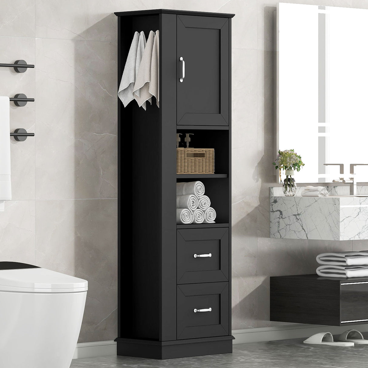 Freestanding Bathroom Storage Cabinet With Adjustable Shelves And Side Hooks Board, Rectangle Design